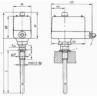 Габаритные и присоединительные размеры терморегулятора ТУДЭ-1М1