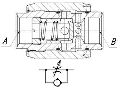 Рис.1. Устройство и обозначения дросселя линейного с обратным клапаном типа ДЛТ-10.3