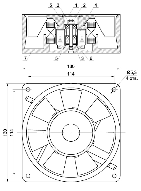 Конструкция и габаритные размеры вентилятора ВН-3